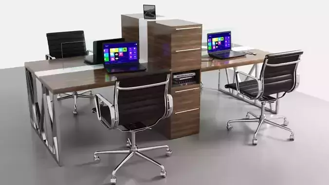 Workstation computer desk with two laptops and monitor