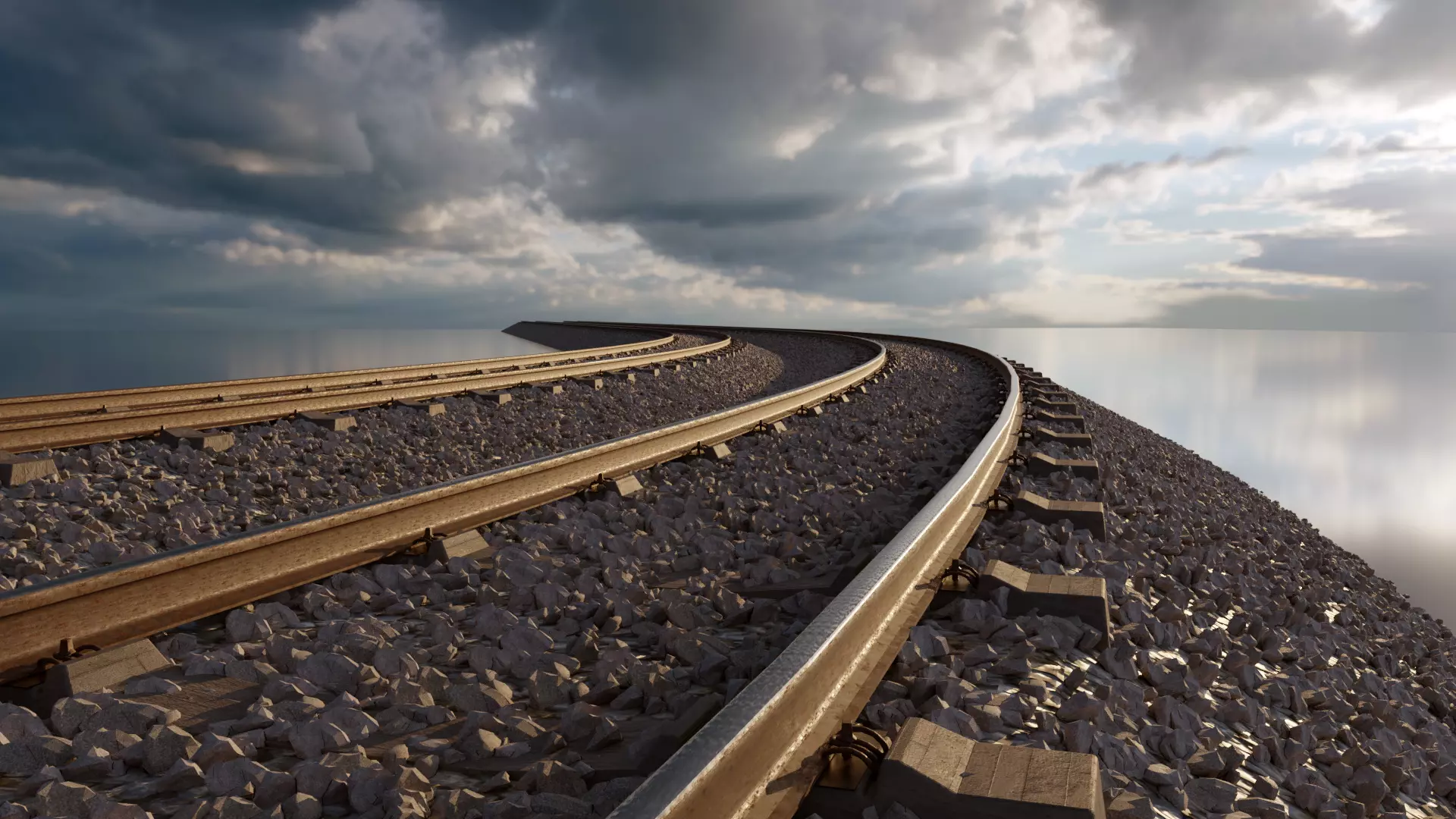 Railroad Multiple Radii Ballast Sections Rails and Sleepers 3D model_0