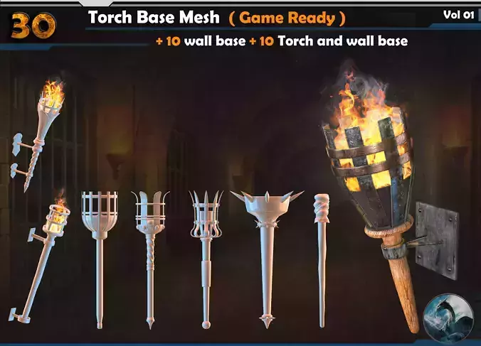 30 Torch Base Mesh Game Ready 10 wall base