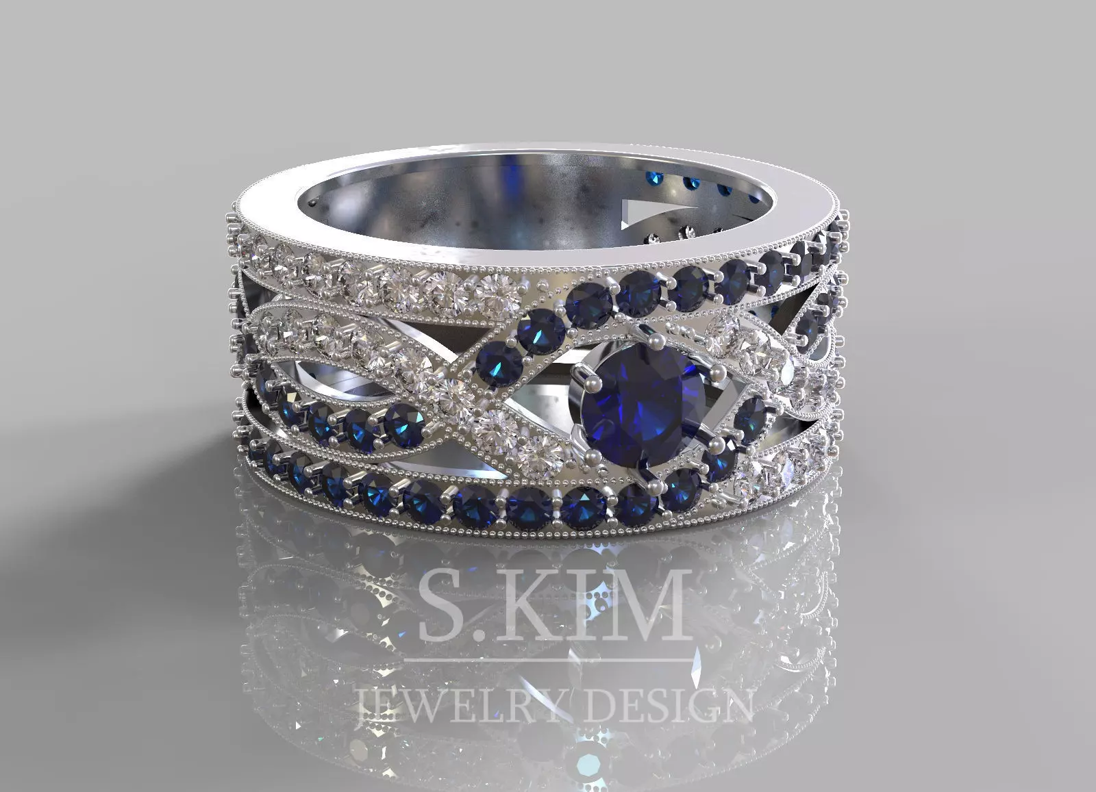 Ring with row of diamonds and sapphires  3D print model_0