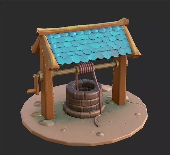 The Well low poly water with roof 3D model_0