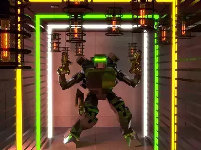 robot in hallway with neon lights