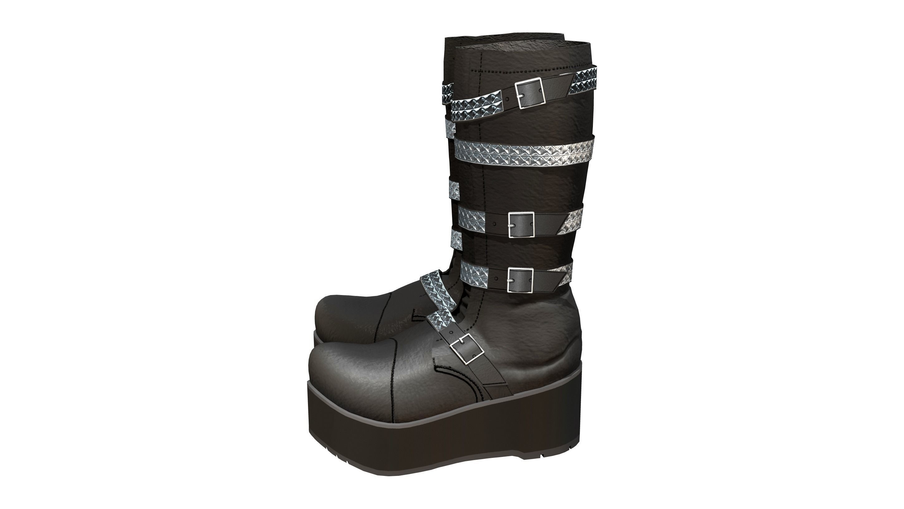 Black Mid Calf Platform Boots With Rivets Low-poly 3D model_3