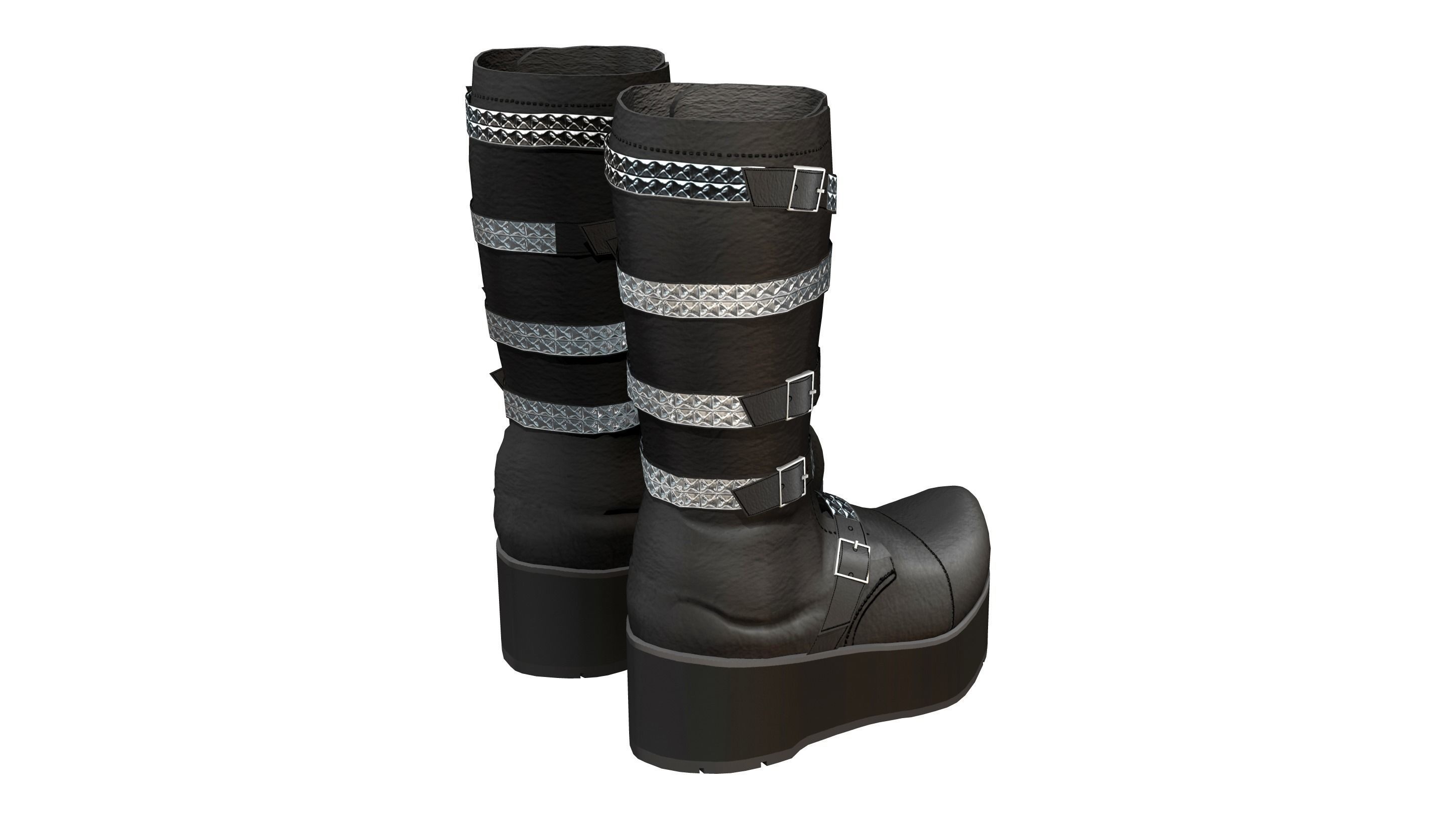 Black Mid Calf Platform Boots With Rivets Low-poly 3D model_5
