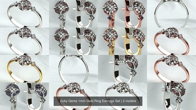 Ruby Gems 1mm Gold Ring Earrings Set 3D Model Collection