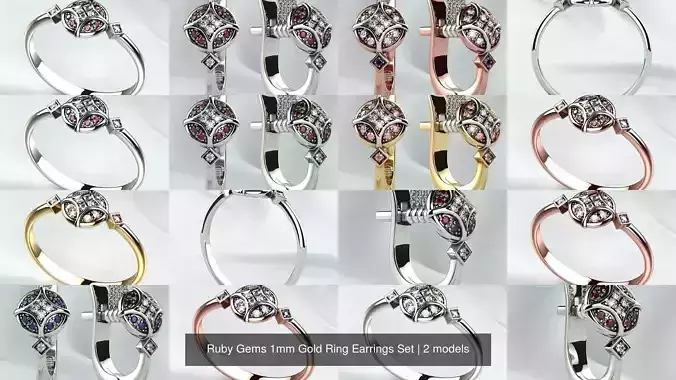 Ruby Gems 1mm Gold Ring Earrings Set