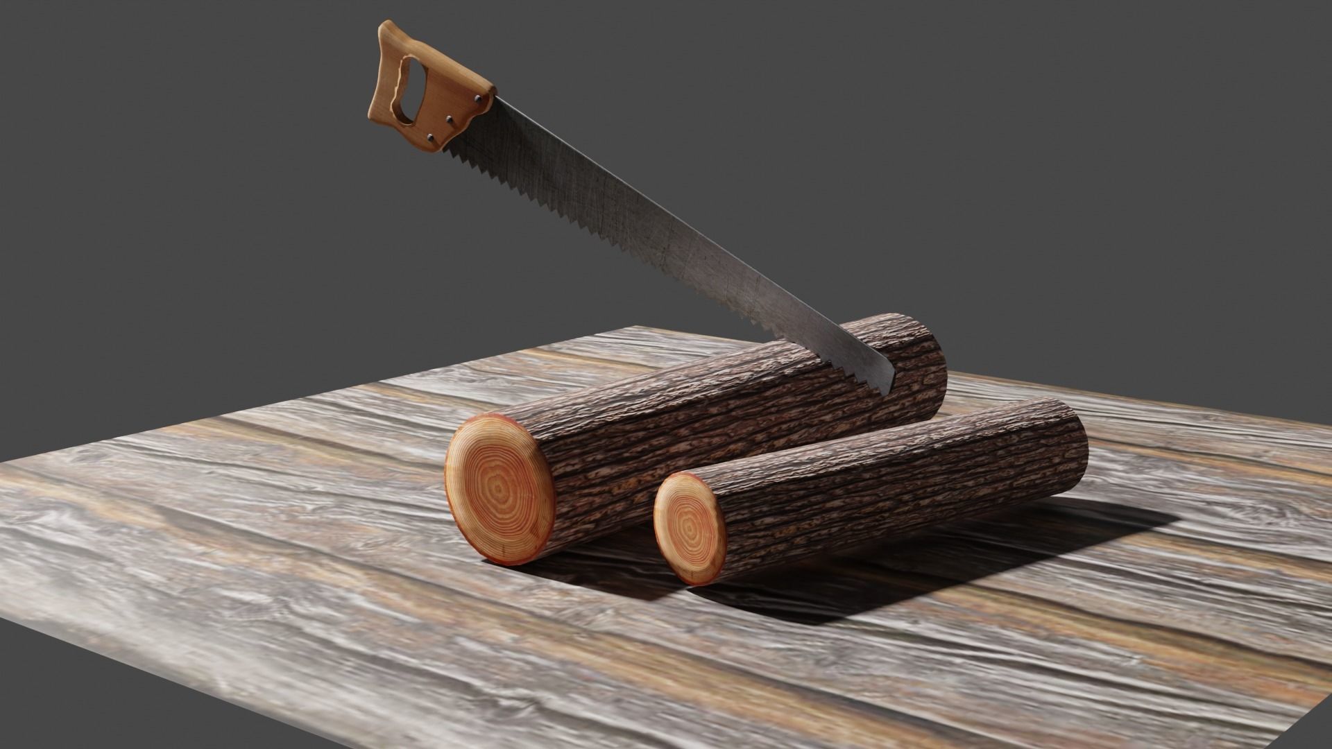 Handsaw and Wood Logs Low-poly 3D model_2