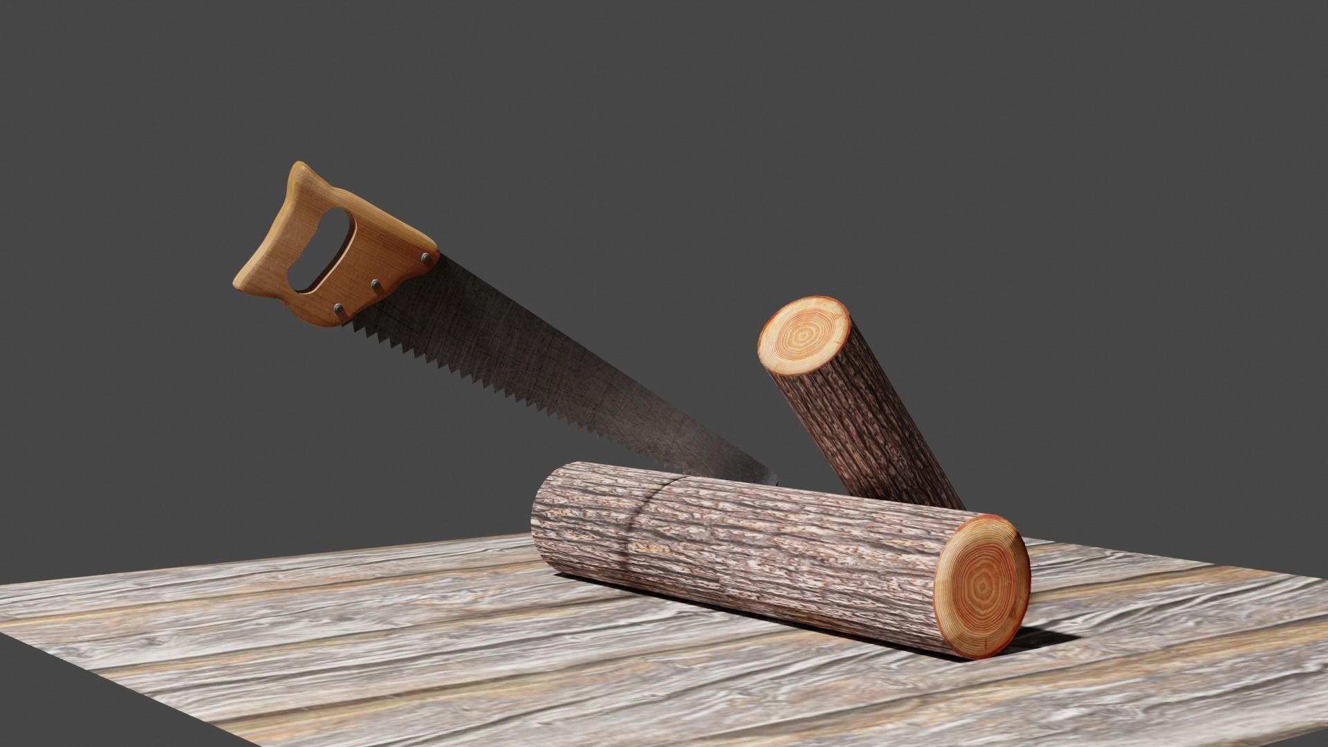 Handsaw and Wood Logs Low-poly 3D model_3