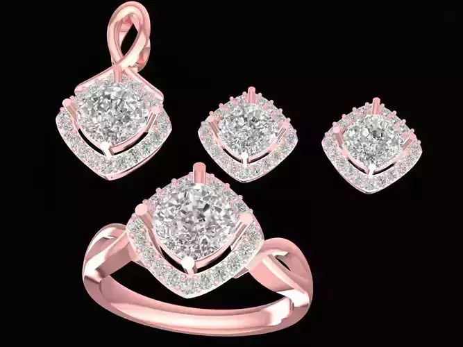 Luxury Square Halo Diamond Jewelry Set 3D Model 3150