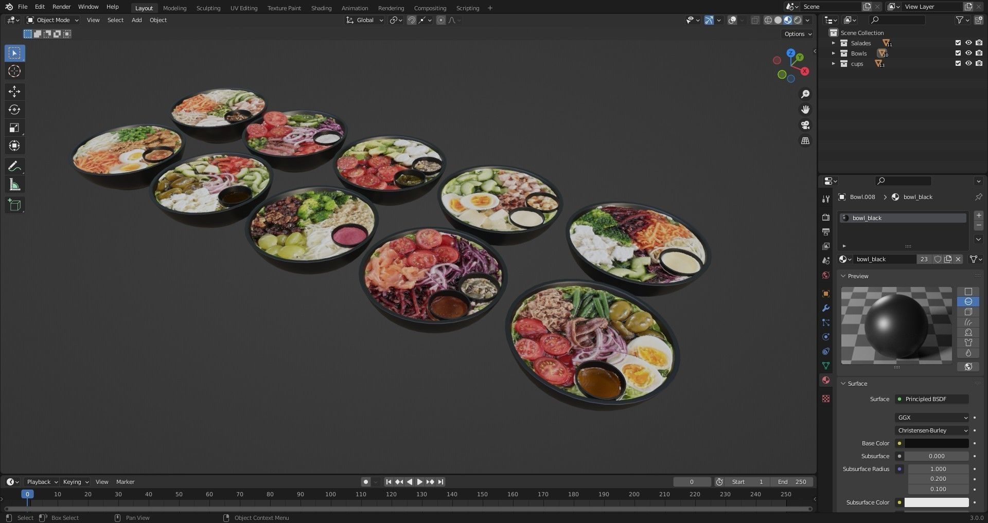 Bowls of mixed salads 2 3D model_2