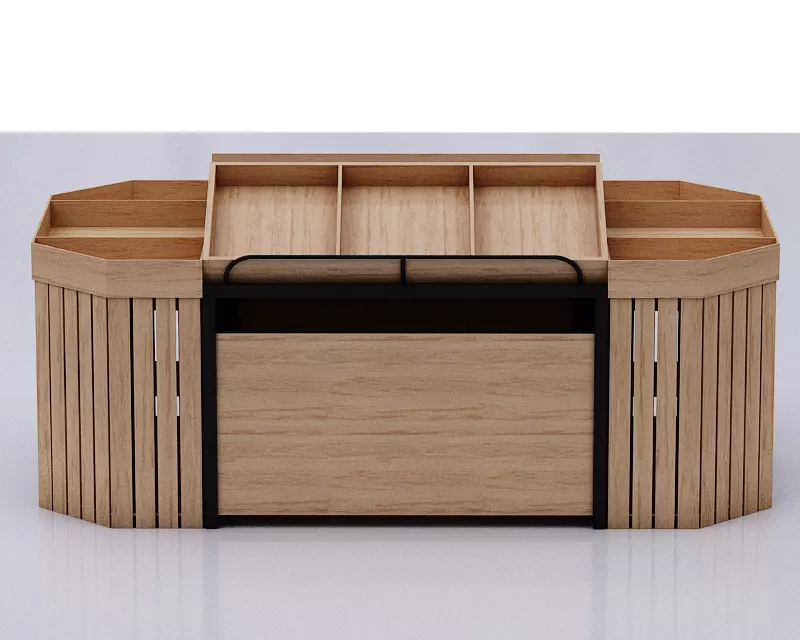 Stall model wooden counter with shelves and drawers Low-poly 3D model_0