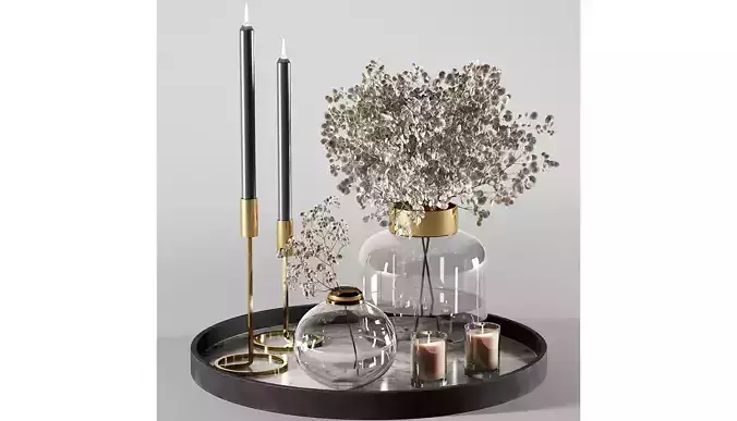 Decorative set 3 tray with candles and glass vases