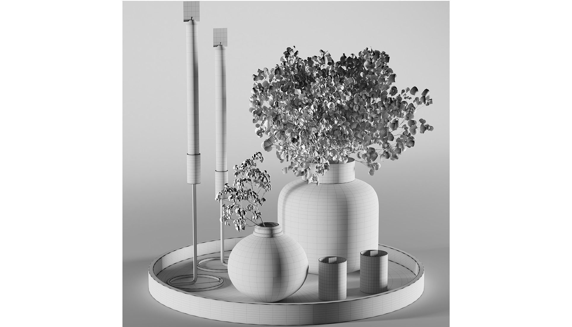 Decorative set 3 tray with candles and glass vases 3D model_2