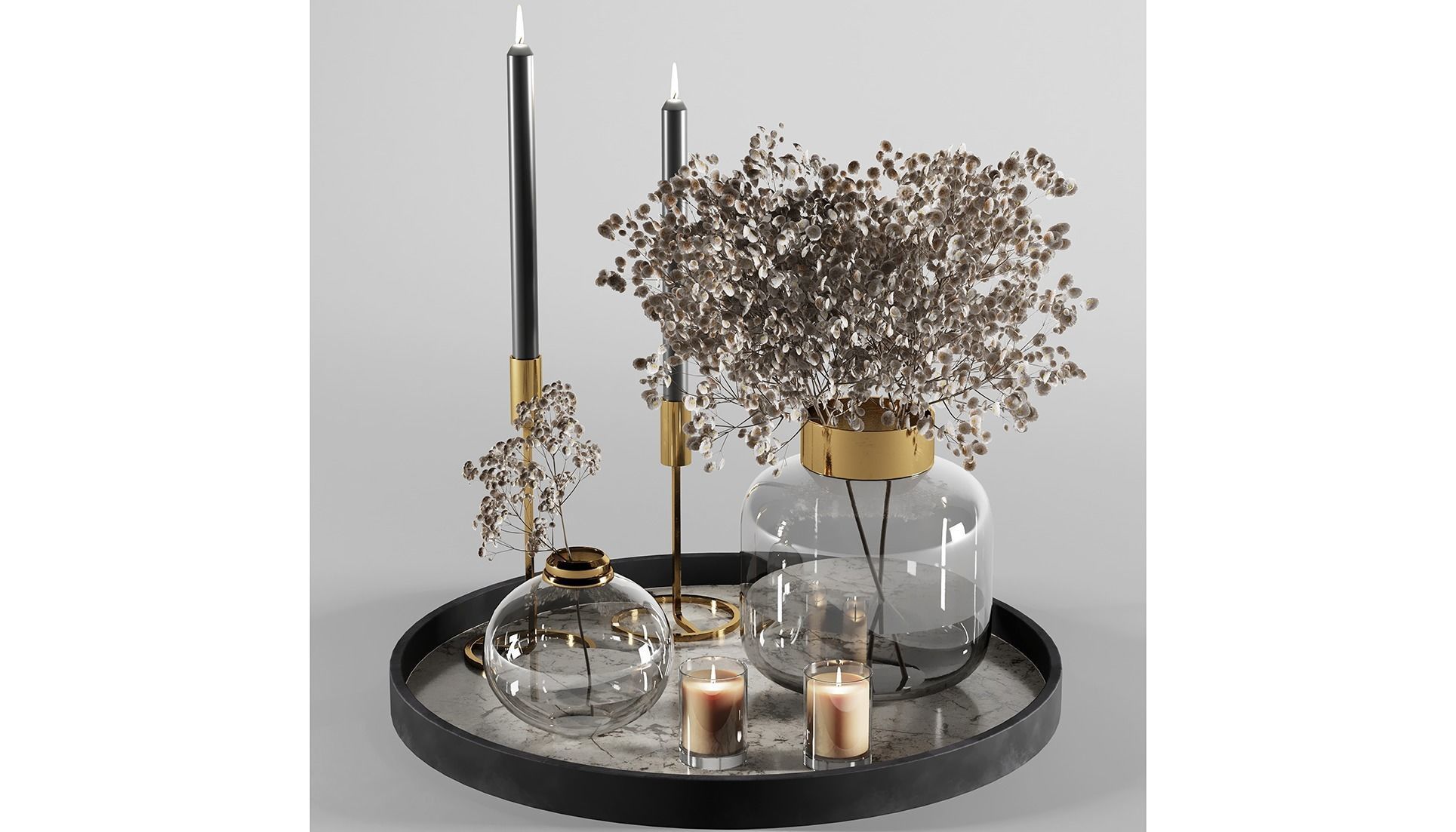 Decorative set 3 tray with candles and glass vases 3D model_1