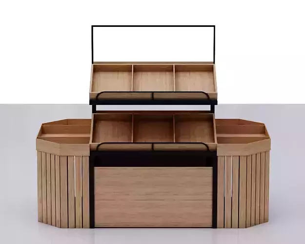 Stall model wooden display case with shelves and drawers