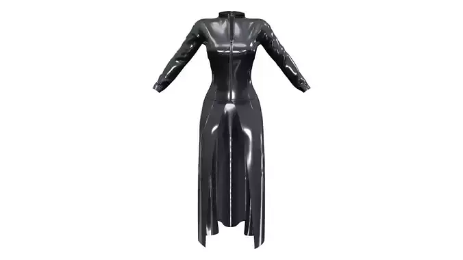 Shiny Black Latex Leather Standing Collar Long Trinity Coat
