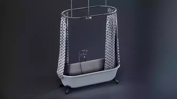 Bathtub with shower curtain Low-poly 3D model