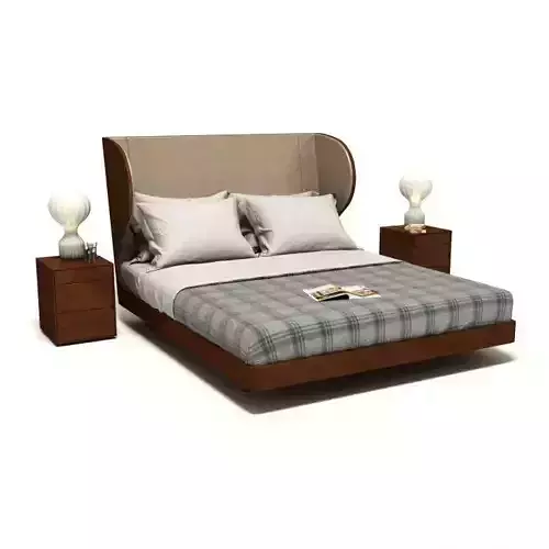 Wooden Bed With Checkered Blanket
