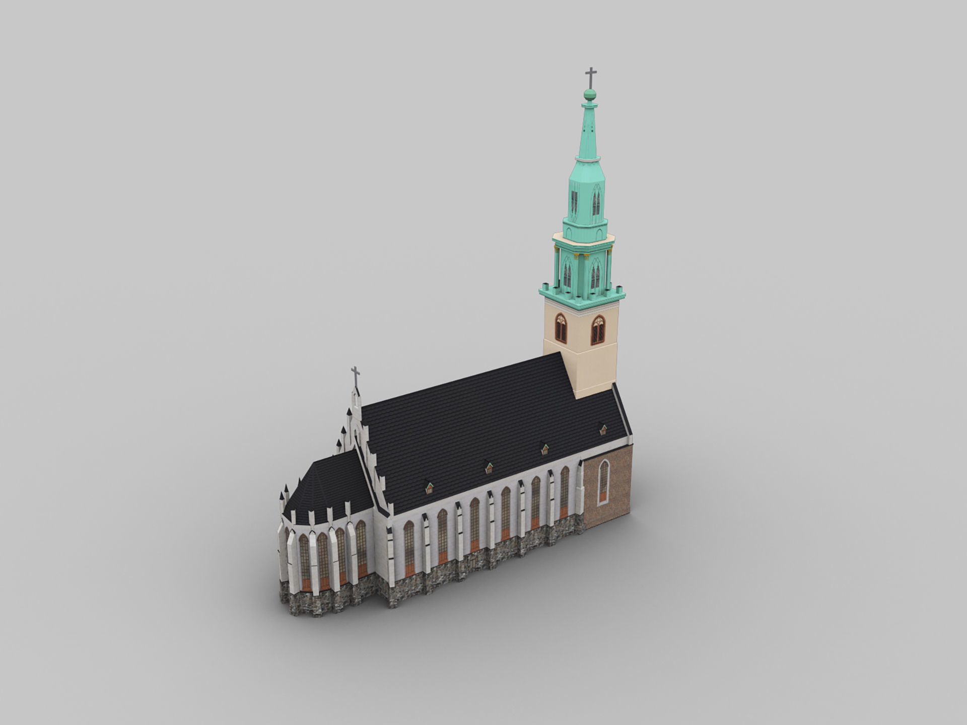 Church lowpoly with spire Low-poly 3D model_1