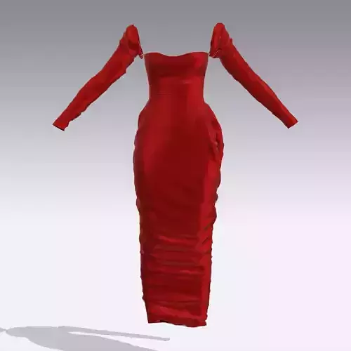 DRESS RED SATIN LONG HEART NECKLINE DRAPED SKIRT LOOK MODERN