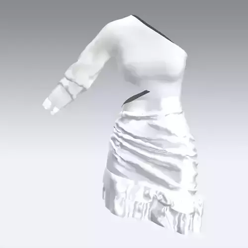 WHITE MATTE AND SATIN DRESS ONE SHOULDER SKIRT DRAPED  RUFFLED