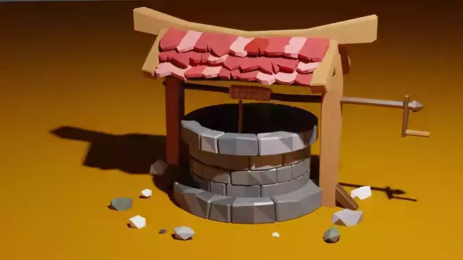 Brunnen Low Poly water well with rocks and stones