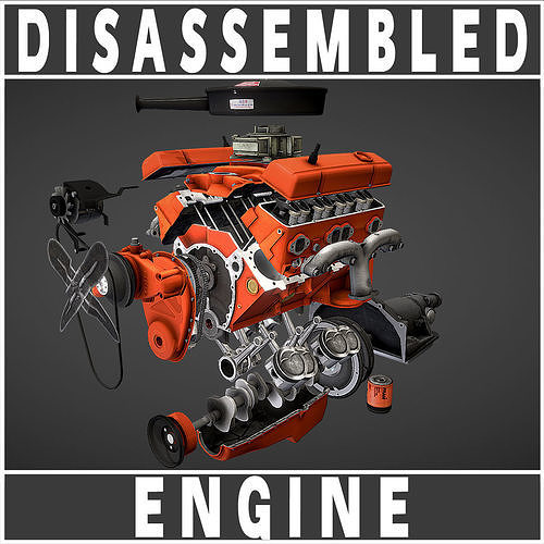 Disassembled V8 Small Block engine Low-poly 3D model