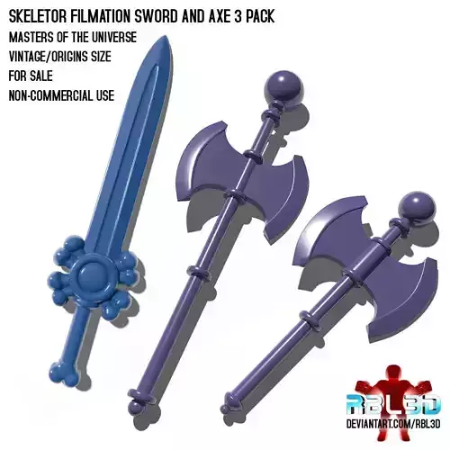 Skeletor Filmation Sword and Axe 3-pack vinatage-origins size 3D print model