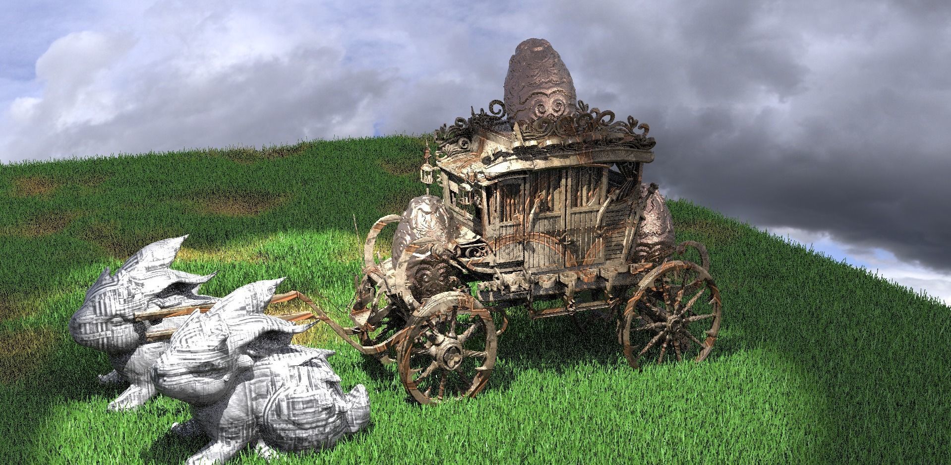 High polygon Stage Coach with Bunny 3D With Easter EGG  3D model_1