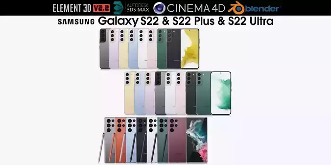 Samsung Galaxy S22 and S22 Plus and S22 Ultra all colors 3D model