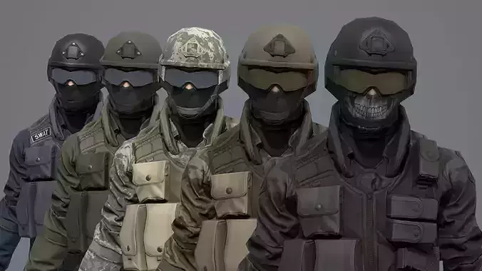 9 armed fighters in camouflage Free 3D model