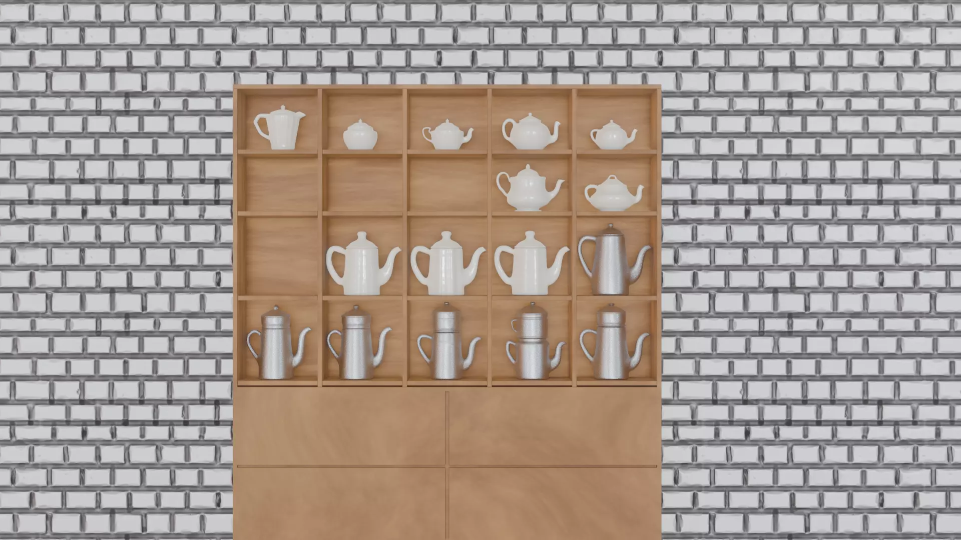 Pot collection wooden shelf with tea cups Free 3D model