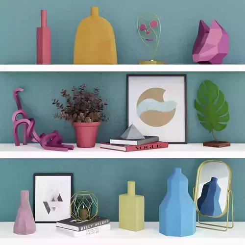 Set terracota colorful vases on shelf