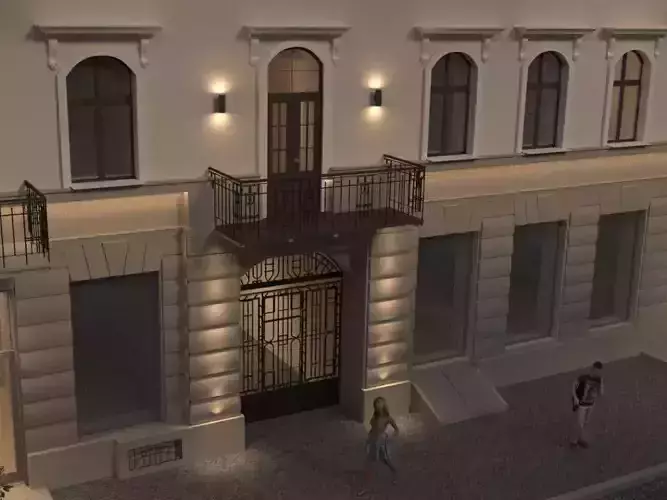 Gates facade of building at night 3D model