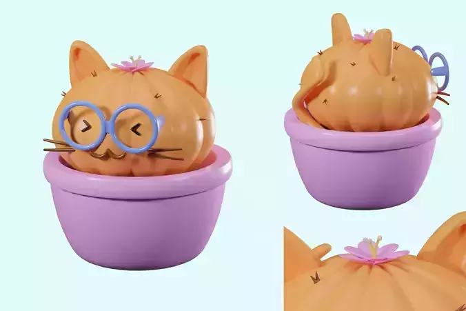 Orange tabby cat mix cactus character 3d model in cartoon style