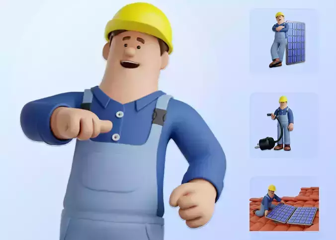 Cartoon Worker Man Rigged - Solar Power Installer Pack 3D model