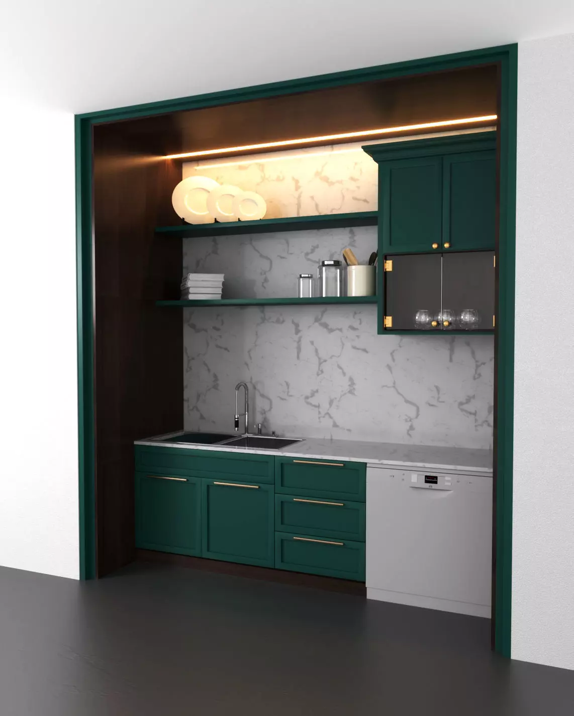 kitchenette kitchen with cabinets and marble counter tops 3D model_0