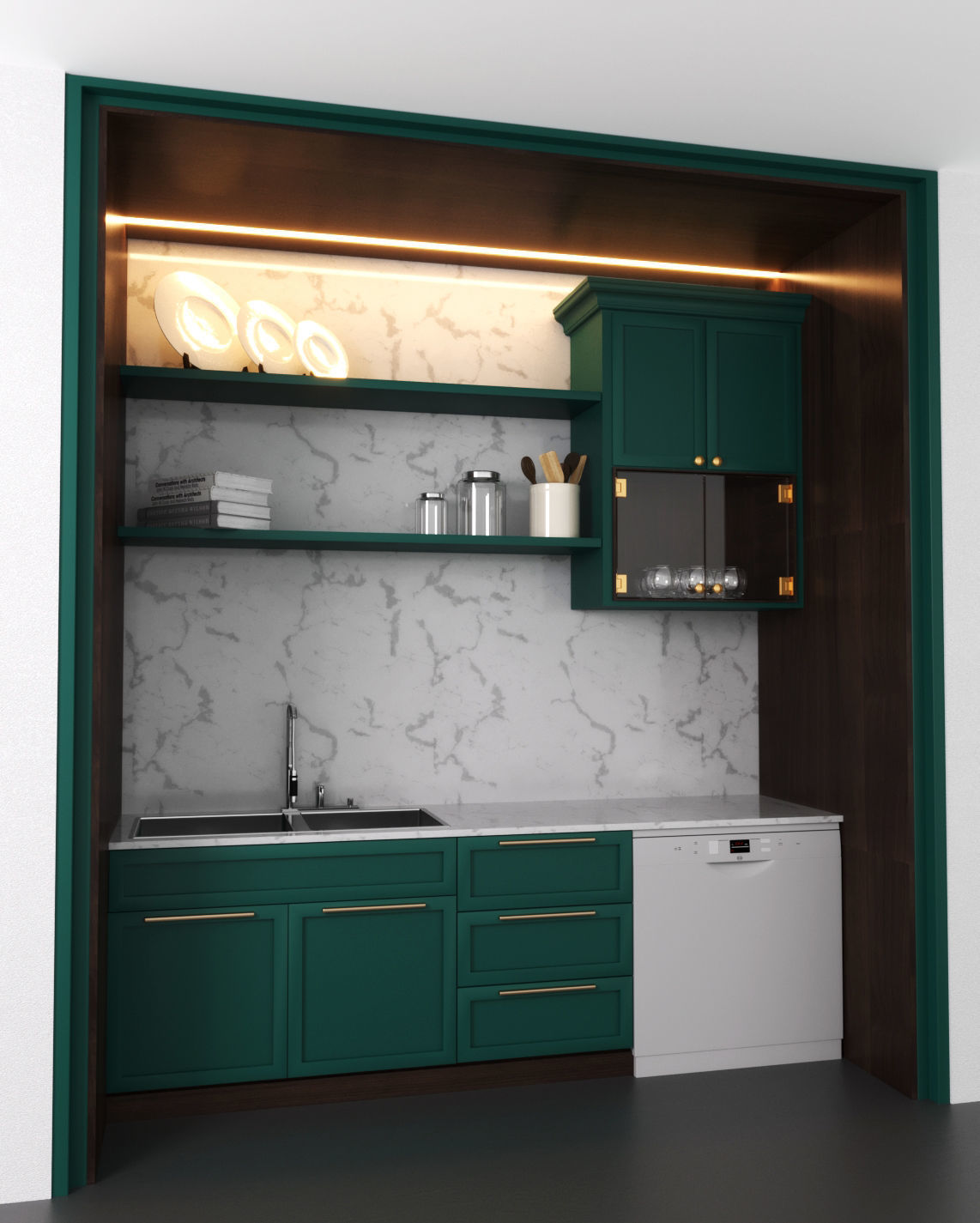 kitchenette kitchen with cabinets and marble counter tops 3D model_1