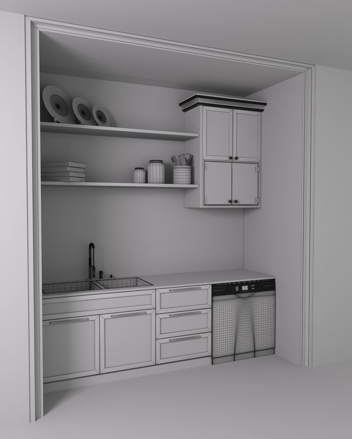 kitchenette kitchen with cabinets and marble counter tops 3D model_3