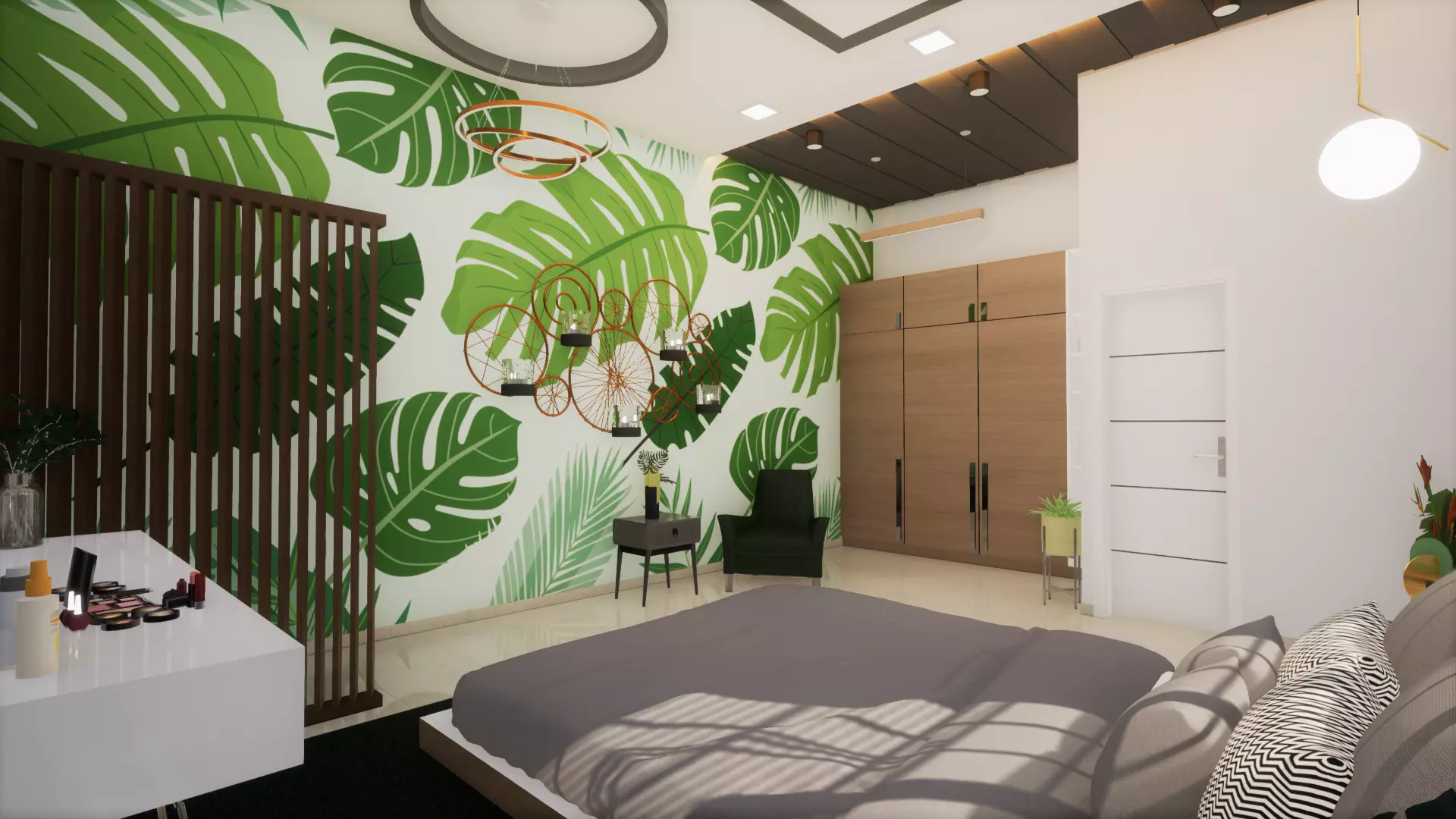 Bedroom modern with leaves on wall Free 3D model