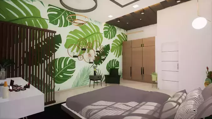 Bedroom modern with leaves on wall