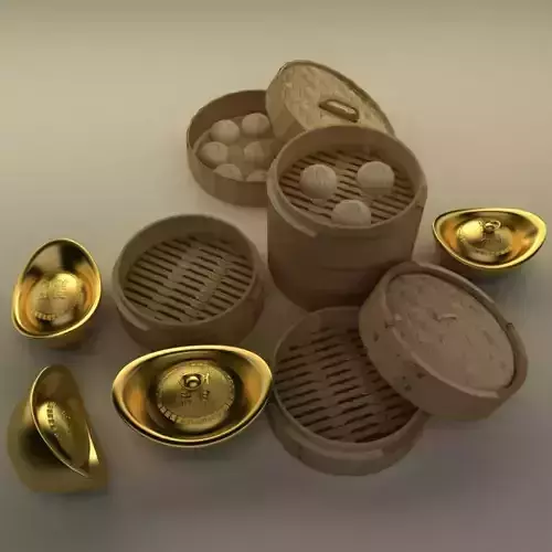 Chinese gold ingot and bamboo steamer buns 