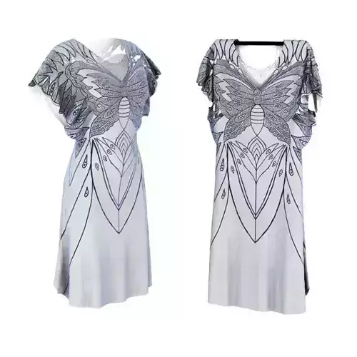 White And Silver Detailed Silk Dress With Butterfly Design