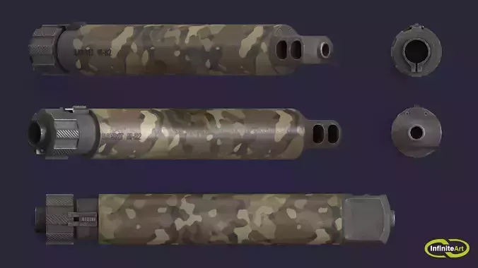 Silencer set of camouflaged gun barrels Low-poly 3D model
