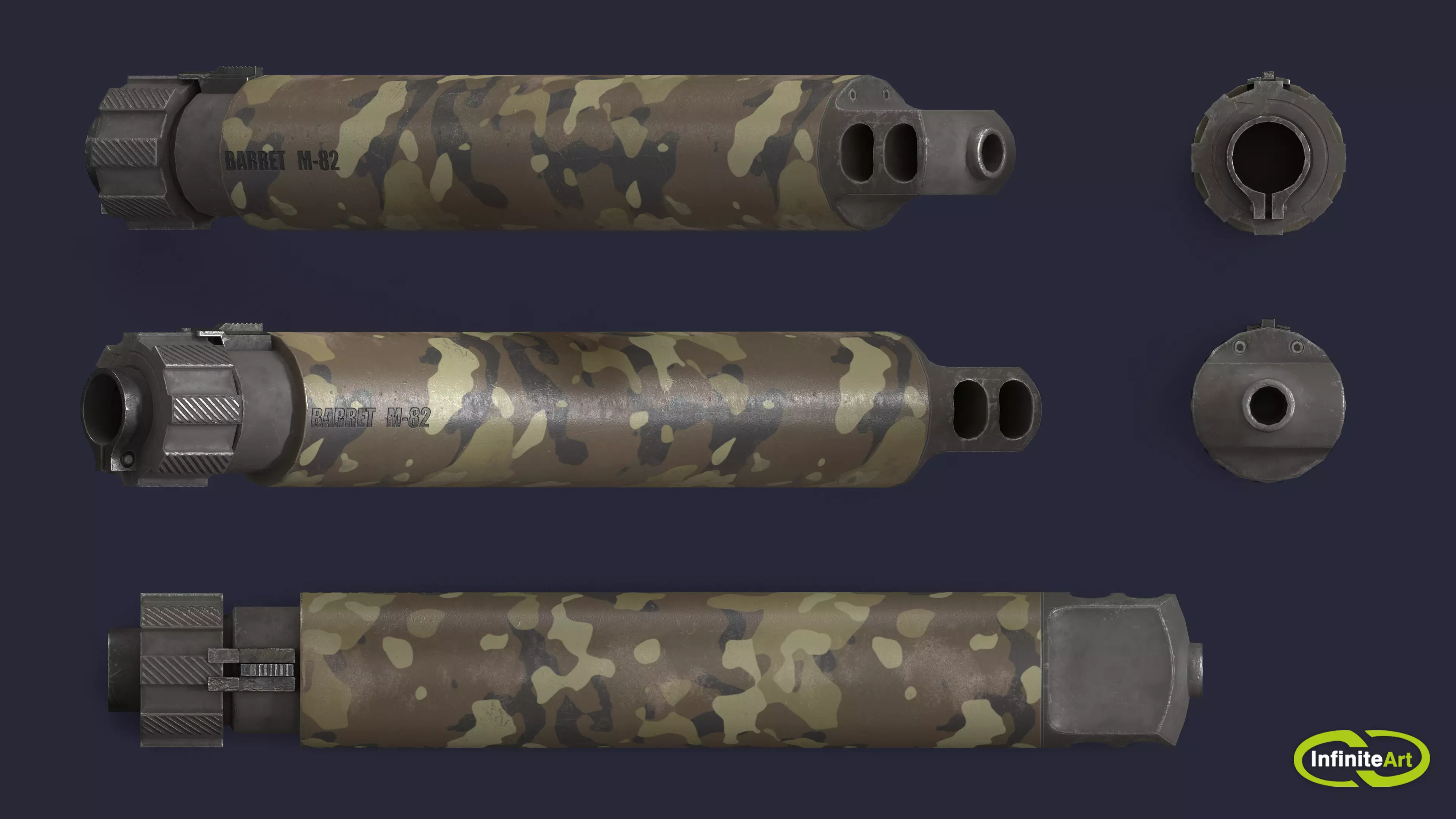 Silencer set of camouflaged gun barrels Low-poly 3D model_0
