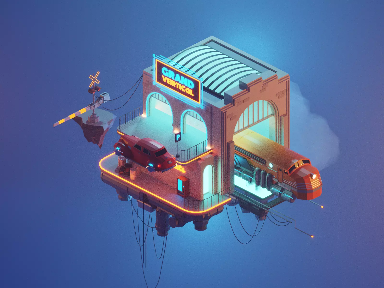 cloud-train low poly model render in blender Low-poly 3D model_0