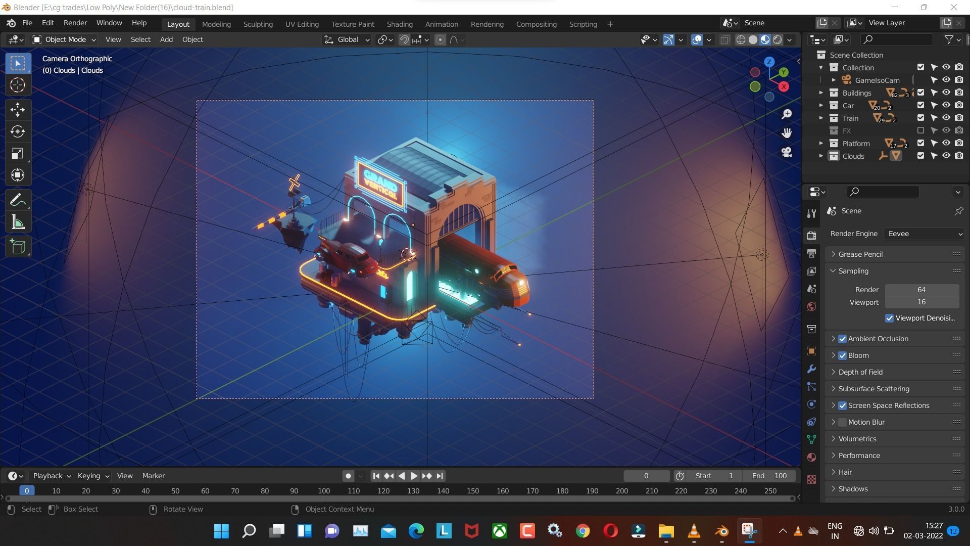 cloud-train low poly model render in blender Low-poly 3D model_7