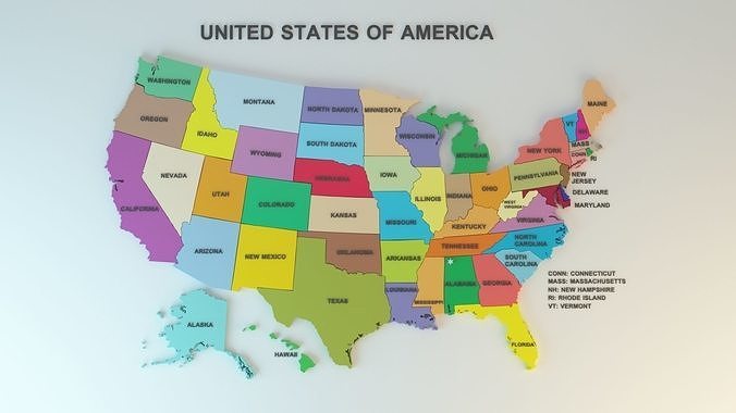 USA map with states name medium poly count  Low-poly 3D model