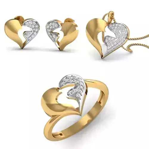 Heart Women Ring Earring Pendant Set 3dm STL Render Detail