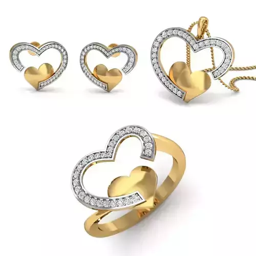 Women Heart Ring Earring Pendant Set 3dm STL Render Detail